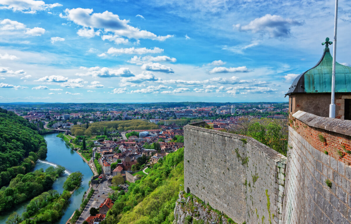 Aerial view on the old city and tower of the citadel in Besancon in Bourgogne Franche Comte region in France. &copy;