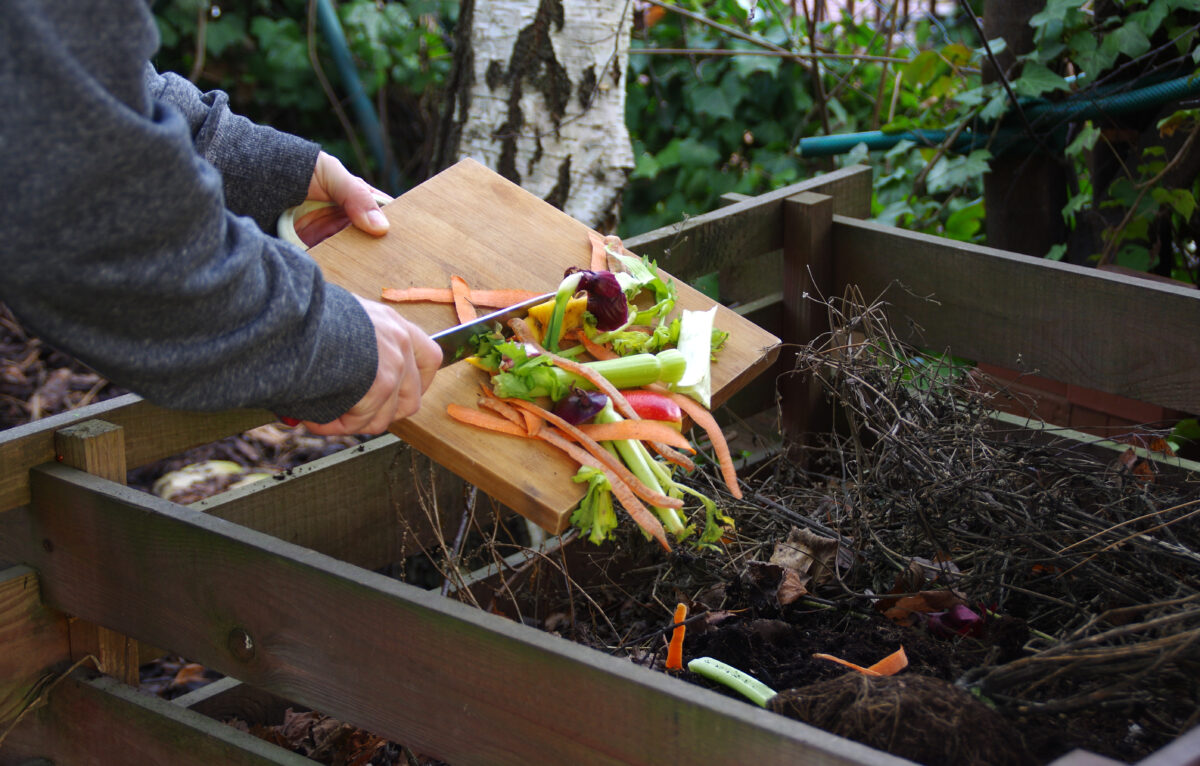 Ecology compost supply - kitchen waste recycling in backyard composter. The man throws leftover vegetables from the cutting board. Environmentally friendly lifestyle. &copy;