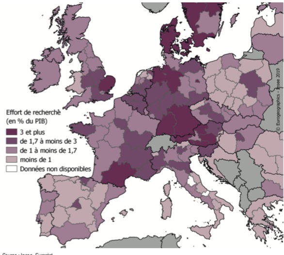 Part du PIB consacre?e a? la recherche et de?veloppement dans les re?gions europe?ennes en 2015 © Insee ©