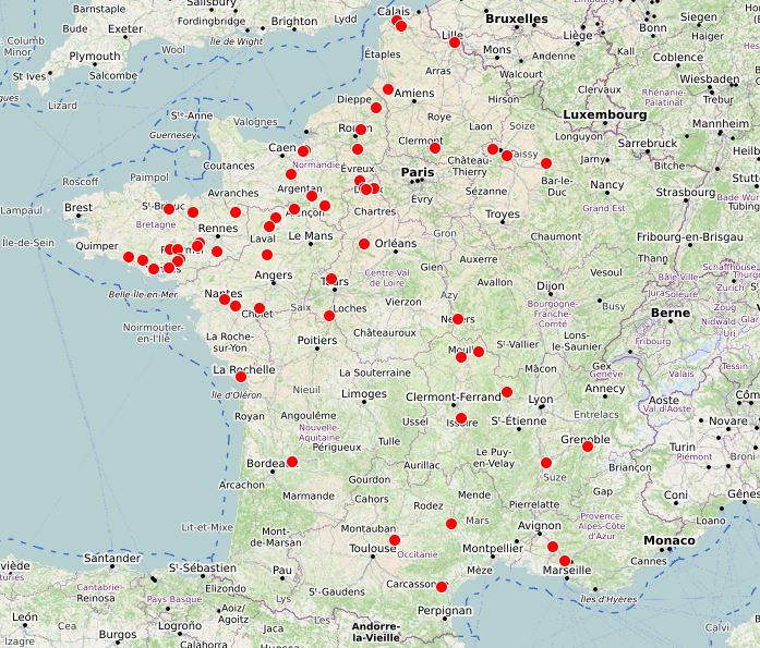 En rouge, les aires d'autoroutes fermées ©Bison Futé ©