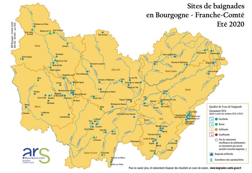 carte baignade juin 2020 © ARS Bourgogne Franche-Comté  ©