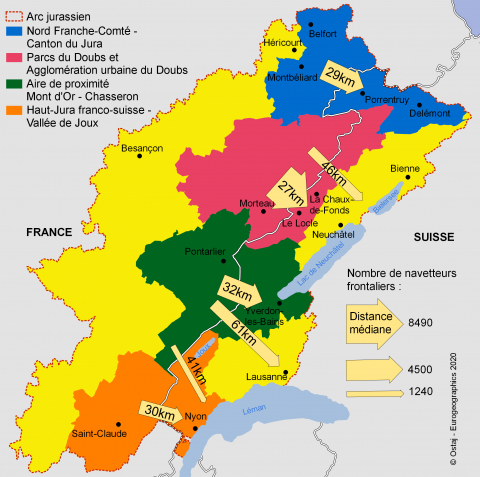 Échanges entre territoires. Dans l'Arc jurassien, deux tiers des frontaliers résident et travaillent dans le même territoire de coopération et parcourent des distances relativement courtes © Arcjurassien.org