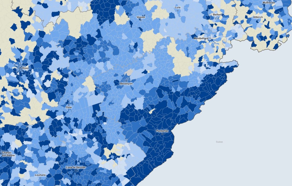 Taux d'incidence du Covid-19 sur 7 jours au 18 octobre 2020 par commune © Santé publique France