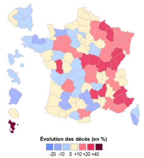 Évolution des décès cumulés du 1er janvier au 8 février 2021 par rapport à la même période en 2019 par département  © Insee Bourgogne Franche-Comté