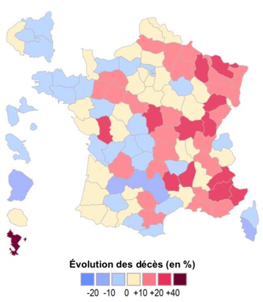 Évolution des décès cumulés du 1er janvier au 15 février 2021 par rapport à la même période en 2019 par département  ©