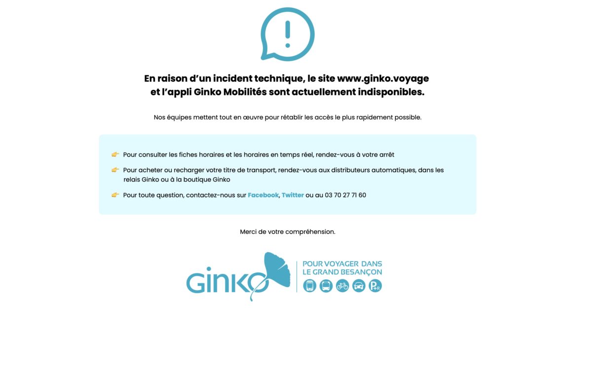 Panne de serveur du site et de l'application Ginko le 10 mars 2021. &copy; www.ginko.voyage