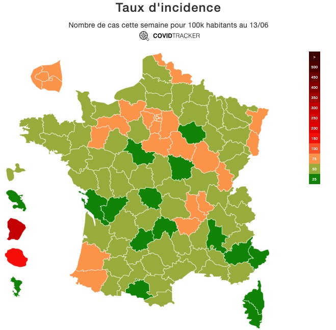 Carte du taux d'incidence au 13 juin 2021 en France &copy; Covid-Tracker