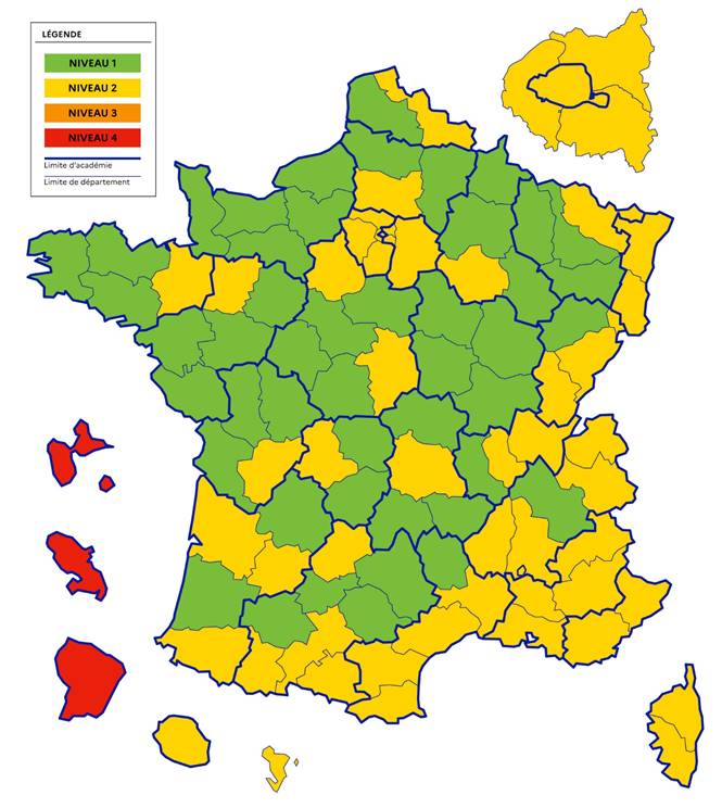 Protocole à partir du 4 octobre 2021. Cette carte sera réactualisée chaque semaine en fonction de l'évaluation de la circulation du virus. ©