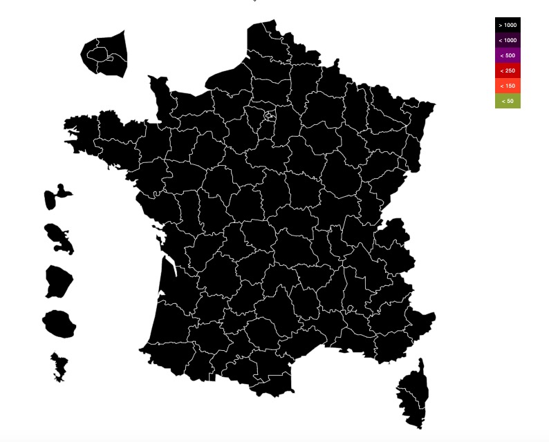 Carte des taux d'incidence en France (Covid-tracker 12/01/22) ©