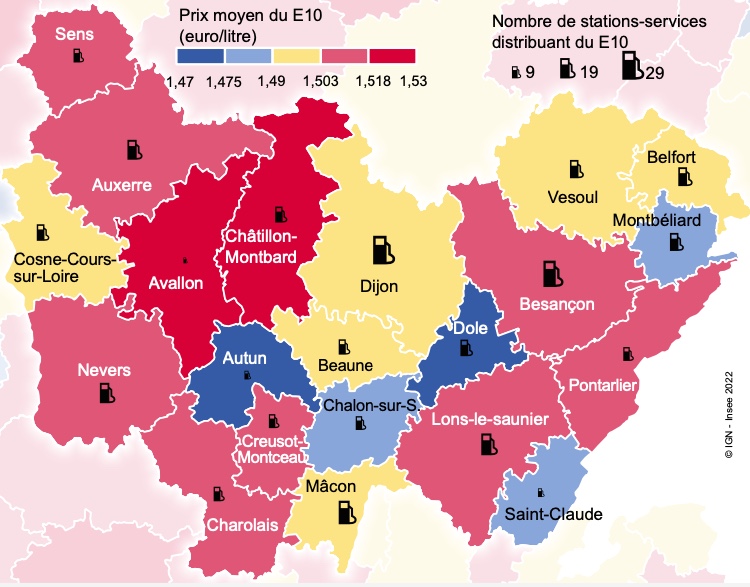 Prix moyen du litre de E10 dans les zones d’emploi de Bourgogne-Franche-Comté en 2021 (hors autoroute) © Source : prix-carburant.gouv.fr (données du 1er janvier au 12 octobre 2021), traitements Insee