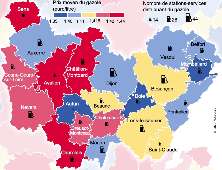  Prix moyen du litre de gazole dans les zones d’emploi de Bourgogne-Franche-Comté en 2021 (hors autoroute)  © Source : prix-carburant.gouv.fr (données du 1er janvier au 12 octobre 2021), traitements Insee