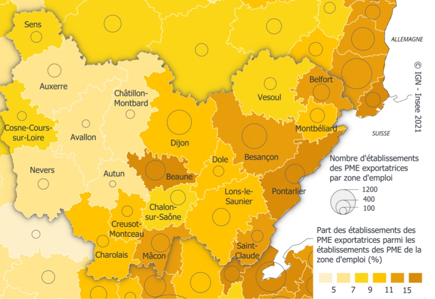  Nombre et part des établissements des PME exportatrices par zone d’emploi en Bourgogne Franche-Comté © Insee, Fare, Lifi et Flores 2018