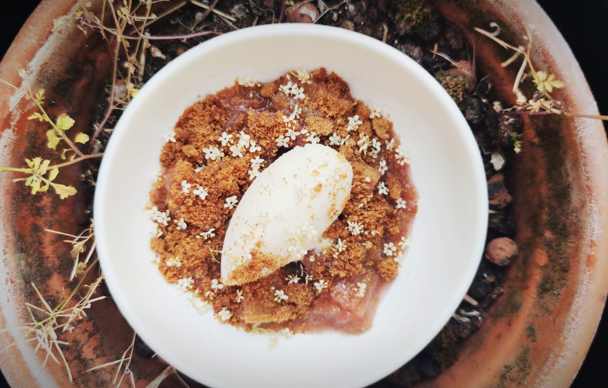 Dessert - Crumble rhubarbe, genièvre, romarin, lilas, glace crème frâiche © Bastian Loridat