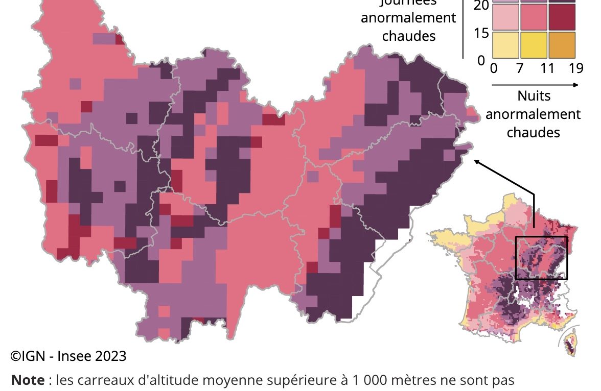 Fréquence des journées et nuits anormalement chaudes pour la période 2021 – 2050. Source  : Météo France © IGN - Insee BFC 2023