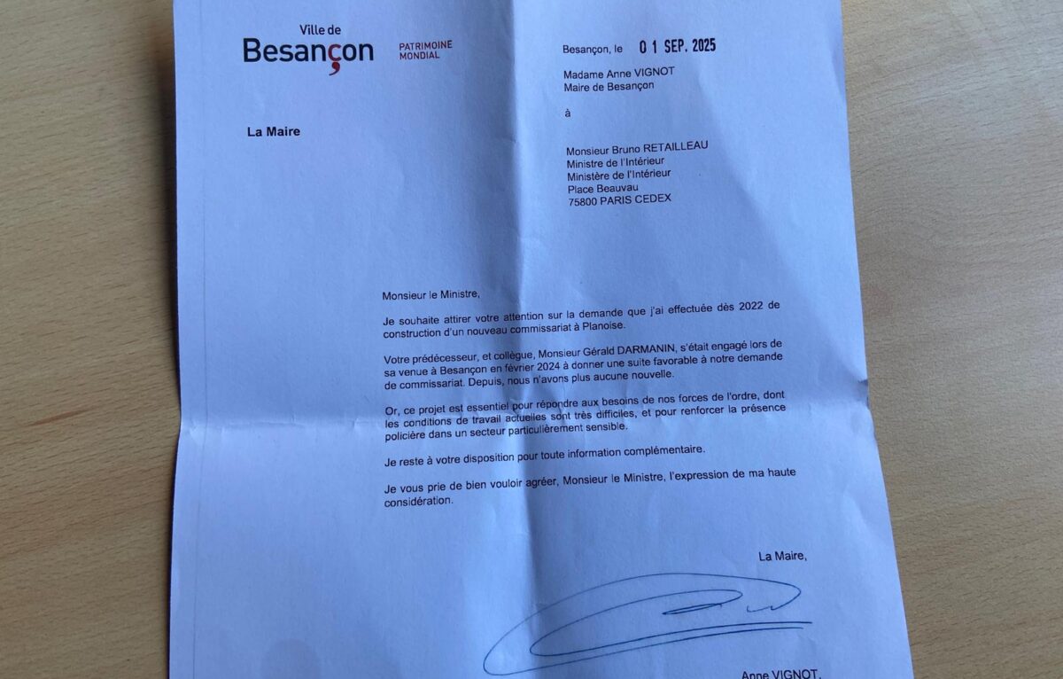 Le courrier de la maire Anne Vignot envoyé au ministre de l'Intérieur le 1er septembre 2025. © Élodie R.