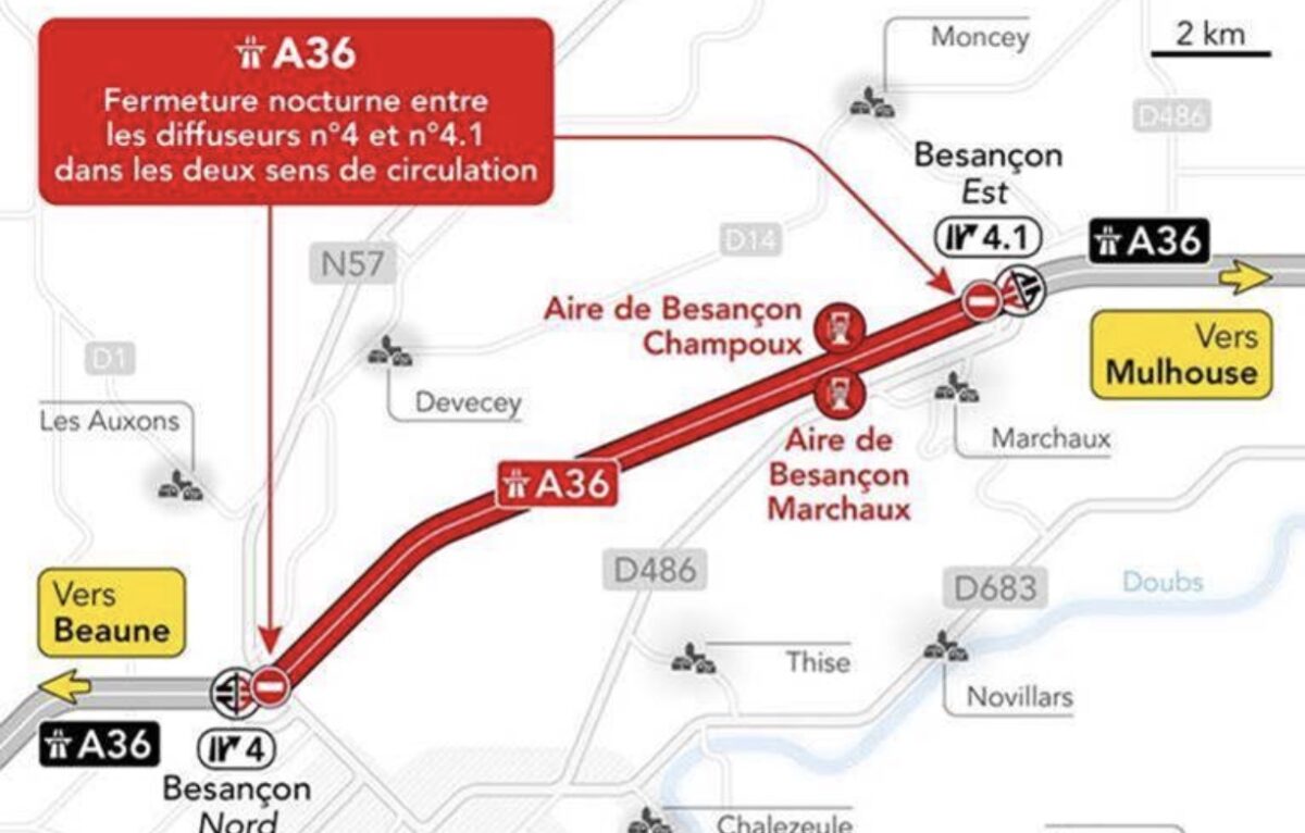 La carte de fermeture de l’autoroute A36. © APRR