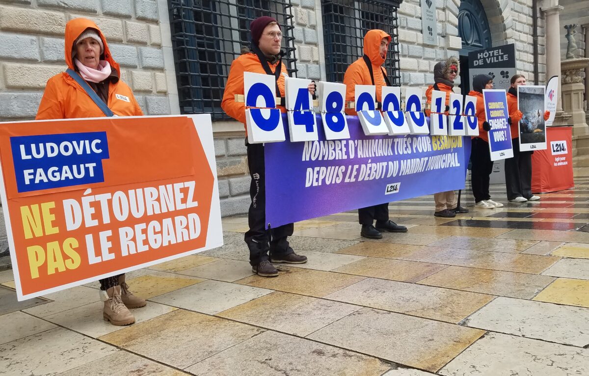 Action menée le 14 février 2026 à Besançon. &copy; L214