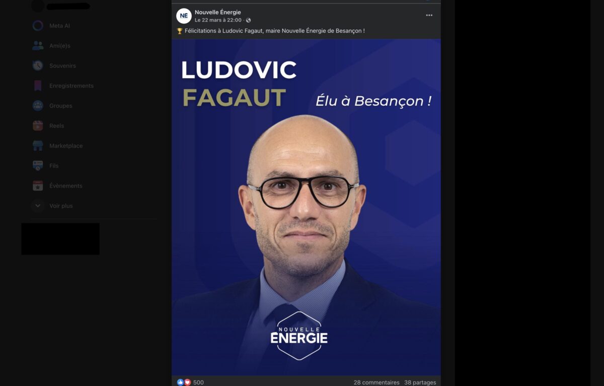 Capture d'écran de la page Facebook de Nouvelle Énergie. &copy;
