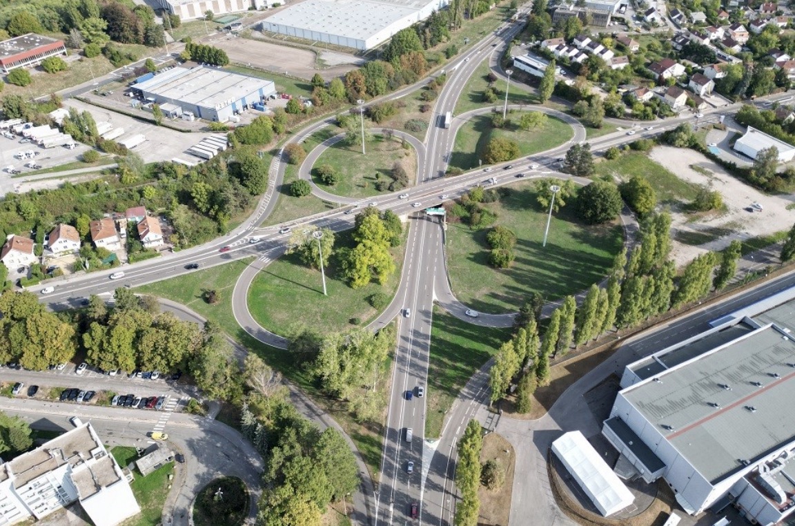 Photo drone de l'échangeur de Saint-Ferjeux aujourd’hui (DREAL BFC) &copy; RN 57 / Prefecture du Doubs